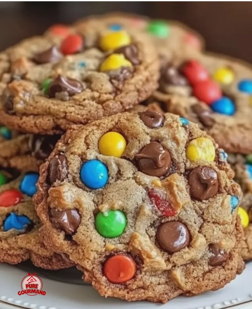 Delicious bakery style Monster Cookies on a plate, soft and chewy treats