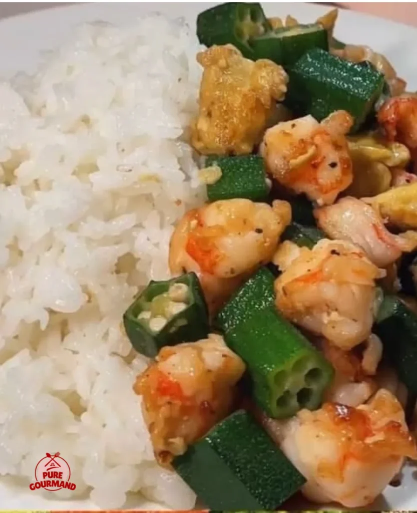 Okra Shrimp and Egg Rice Bowl with vibrant colors and garnished with herbs.