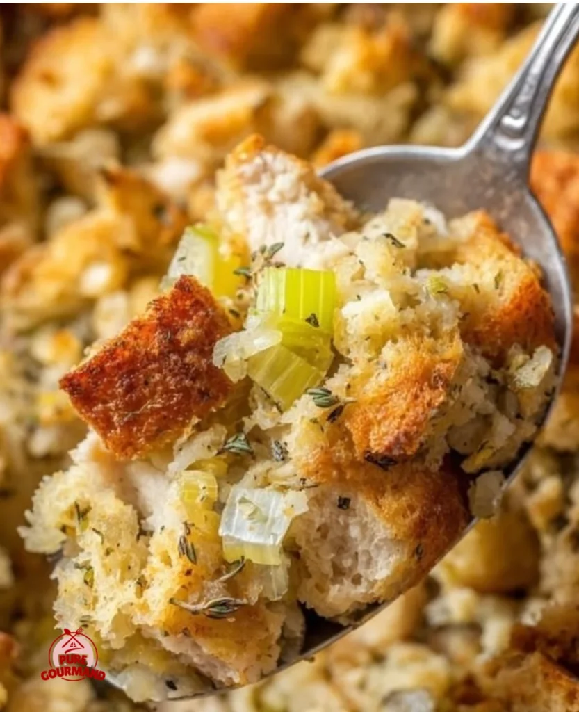 Bowl of old-fashioned chicken stuffing with herbs and spices for a cozy meal