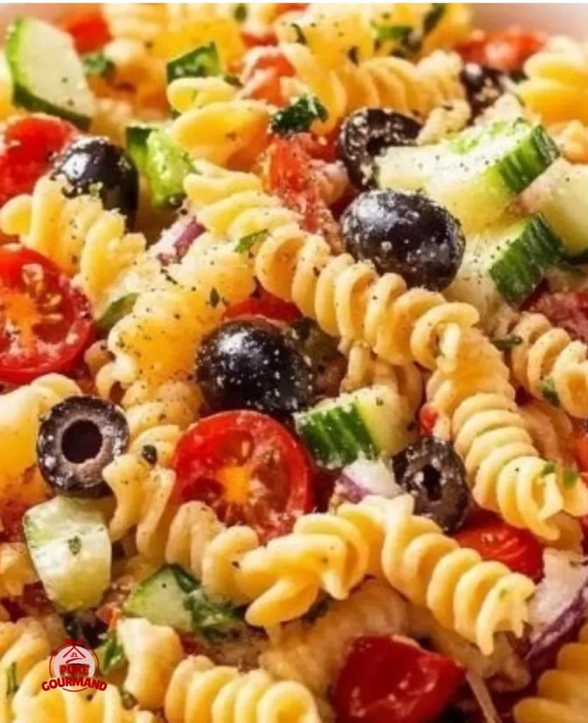Creamy Olive Garden-inspired pasta salad in a bowl, garnished with vegetables.