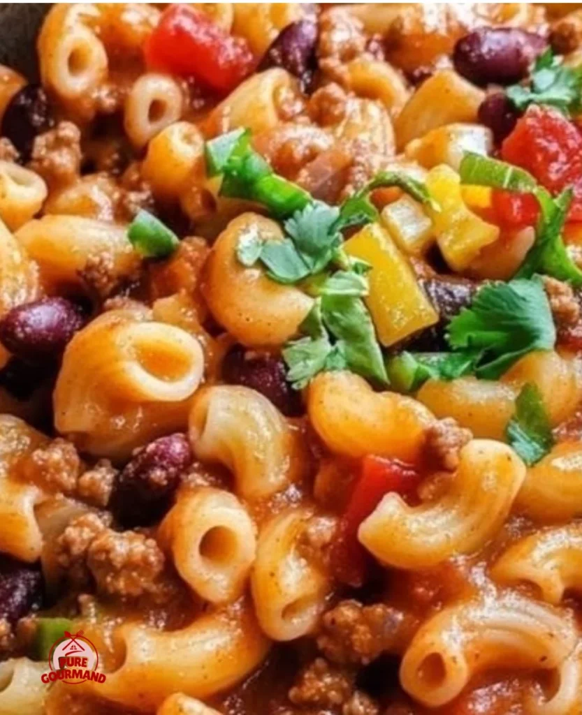 One-pot vegan chili mac in a bowl, topped with fresh herbs.