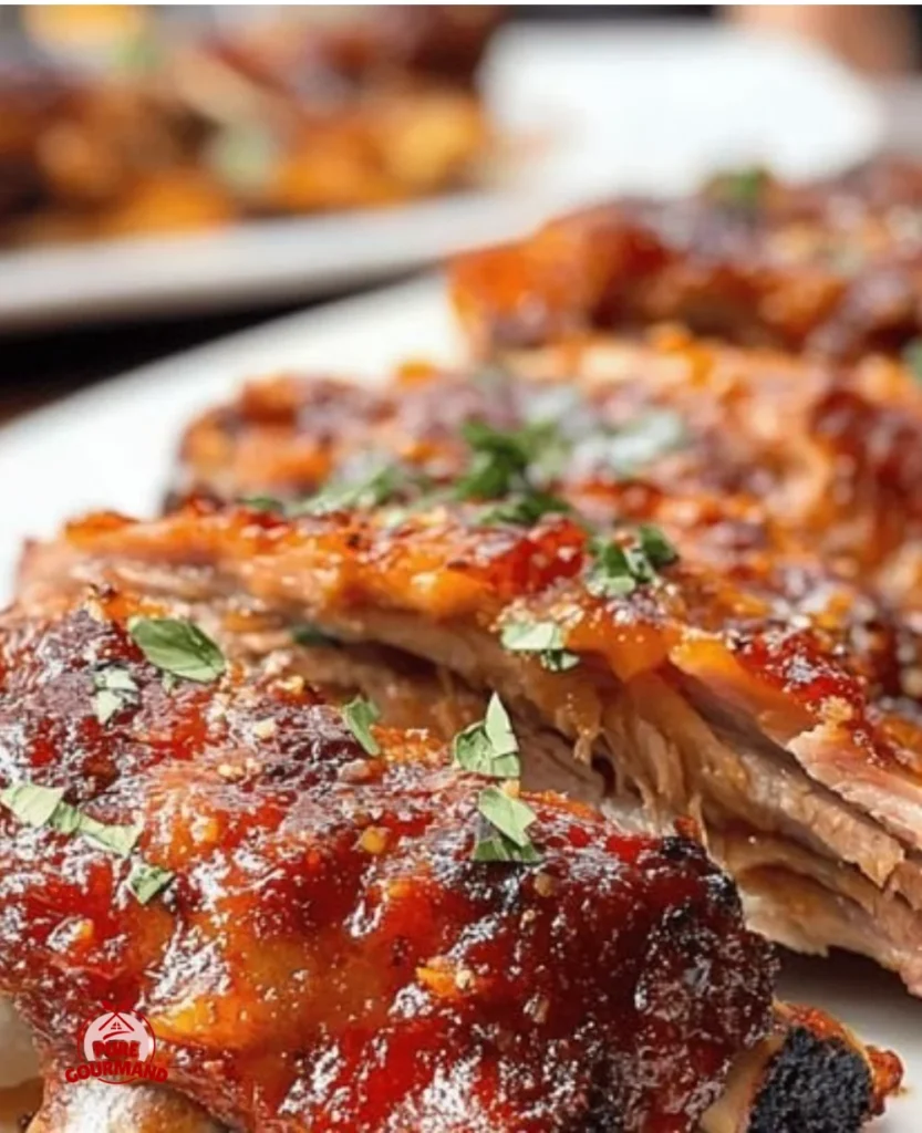 Delicious oven-baked ribs served with BBQ sauce on a plate