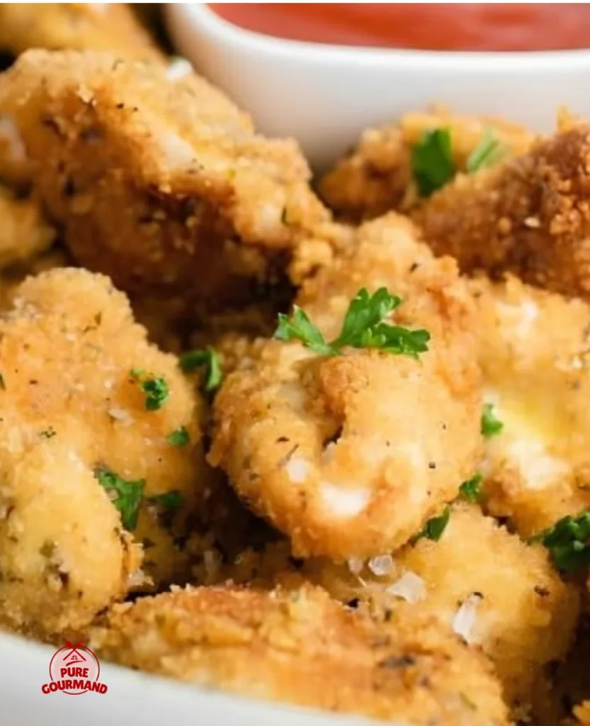 Golden crispy Parmesan Chicken Nuggets served on a plate.