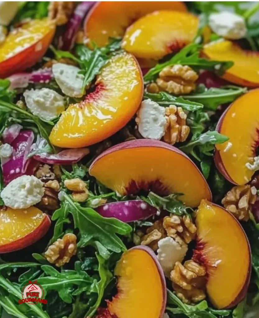Delicious Peach Arugula Salad with ripe peaches, arugula, and vinaigrette dressing