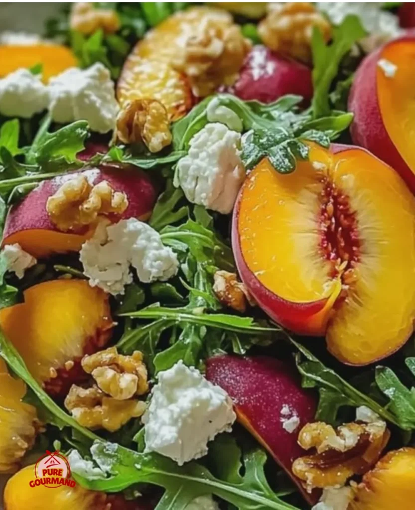 Bright and fresh Peach Arugula Salad with juicy peaches and greens
