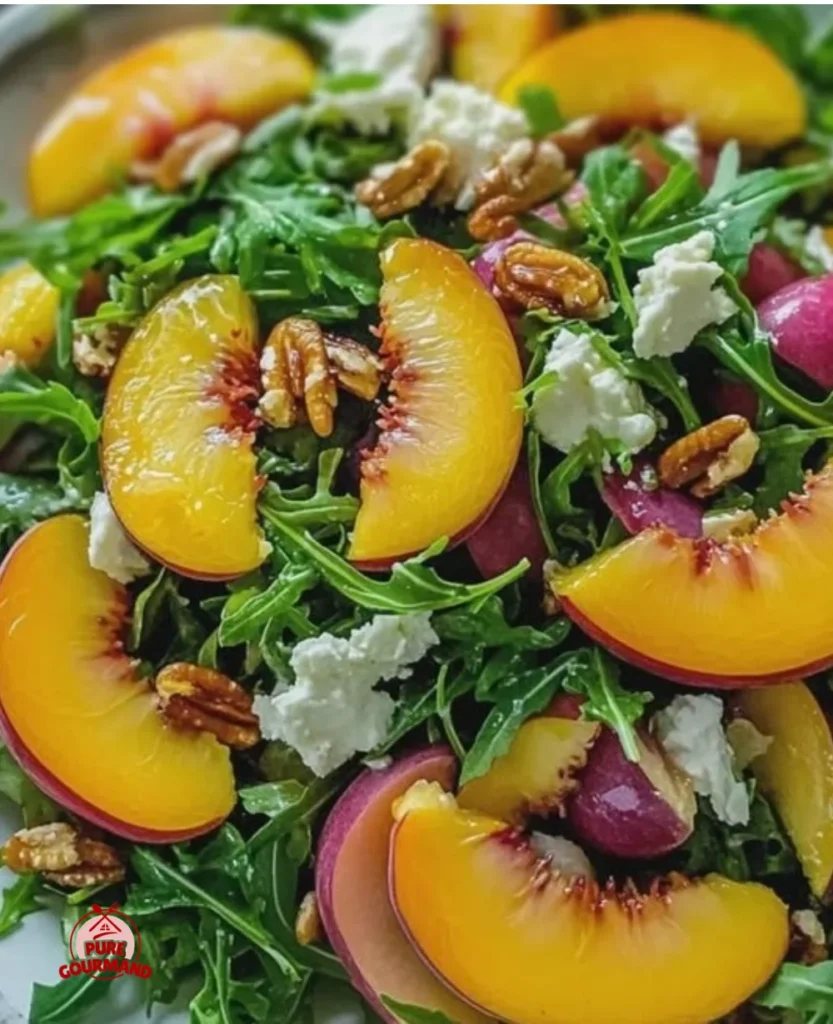 Fresh Peach Arugula Salad with peaches, arugula, and a light dressing.
