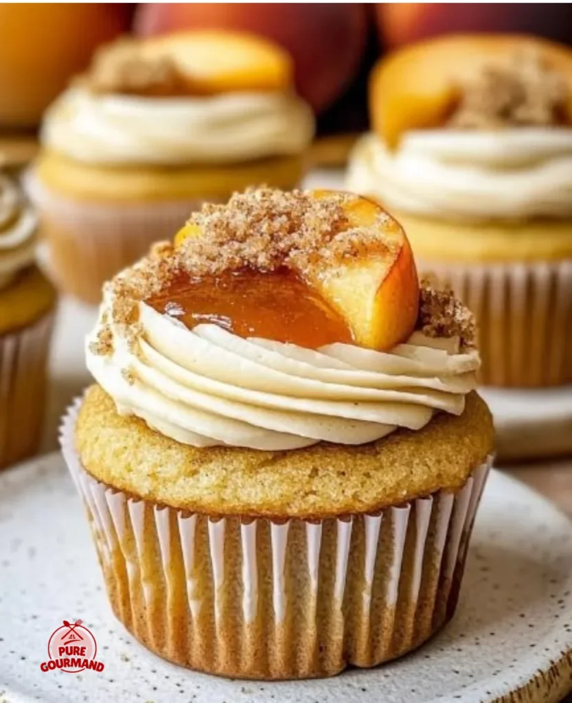 Delicious peach cupcakes topped with creamy peach frosting on a rustic table.