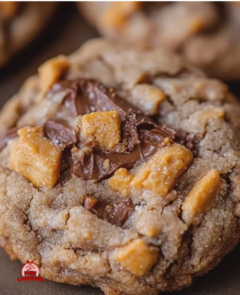 Plate of warm Peanut Butter Butterfinger Cookies with a crispy-soft texture