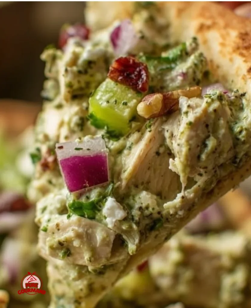Pesto chicken salad served in a bowl topped with fresh herbs and cherry tomatoes.