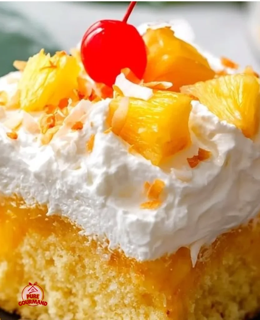Delicious Pineapple Jello Poke Cake with a colorful topping and pineapple slices
