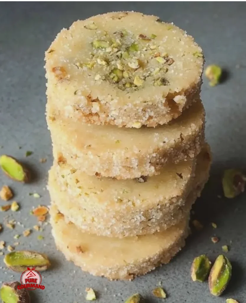 Delicious Pistachio Shortbread Cookies displayed on a rustic wooden table