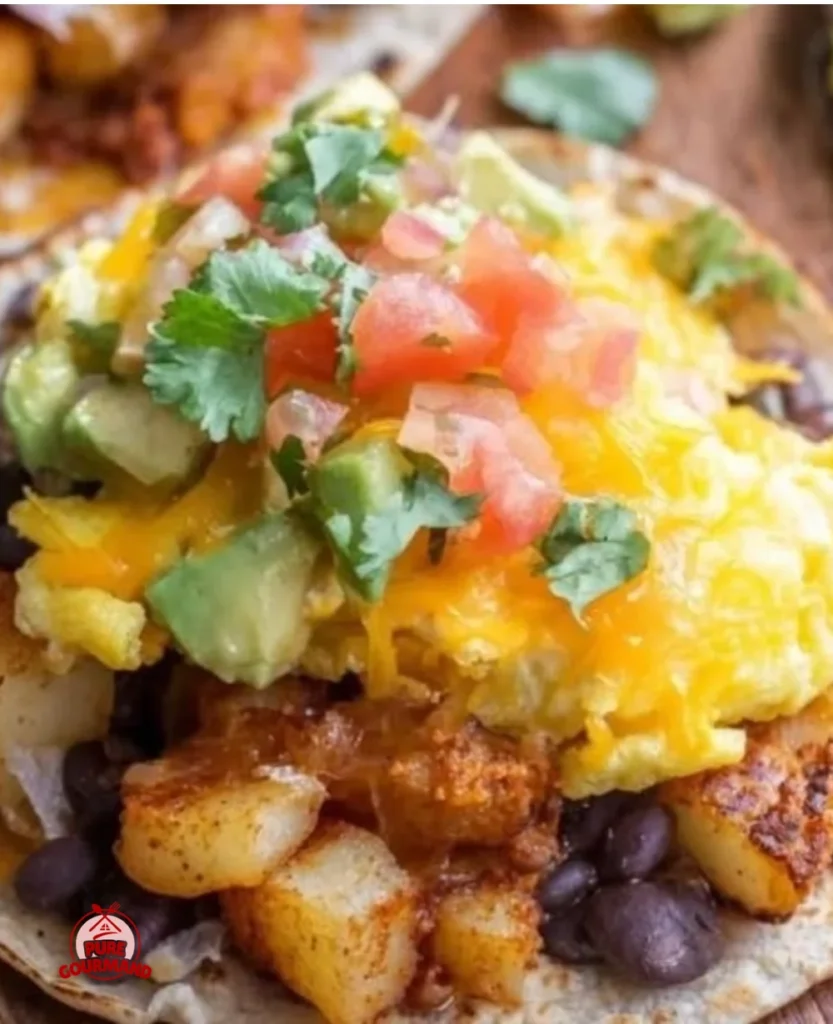Potato, egg, and cheese breakfast tacos served on a plate with fresh toppings