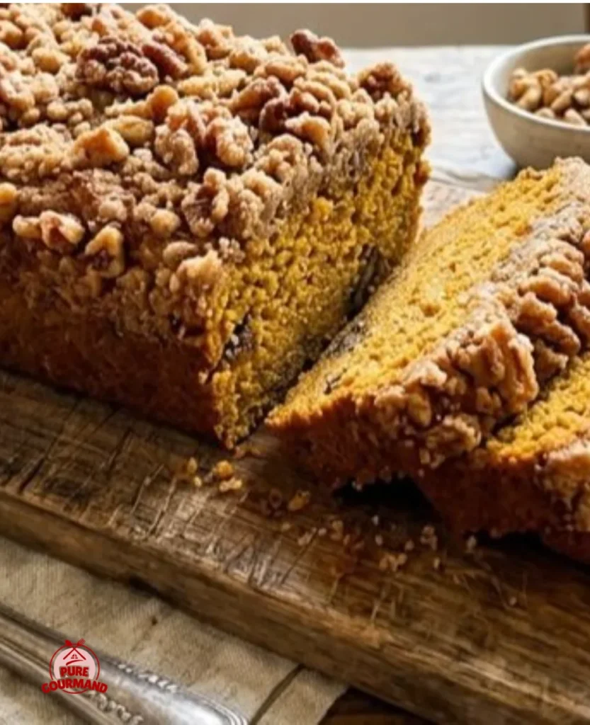 Loaf of pumpkin bread topped with maple walnut streusel on a table.