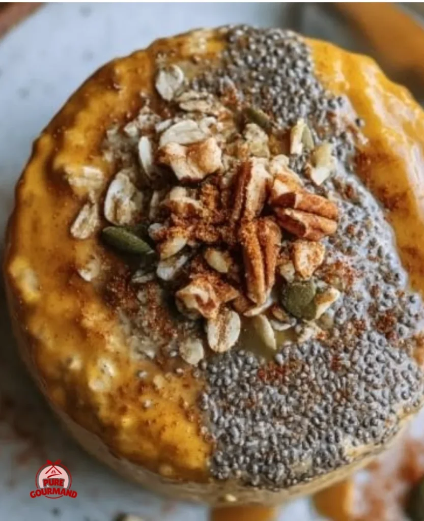 Delicious pumpkin pie overnight oats served in a clear jar with autumn spices
