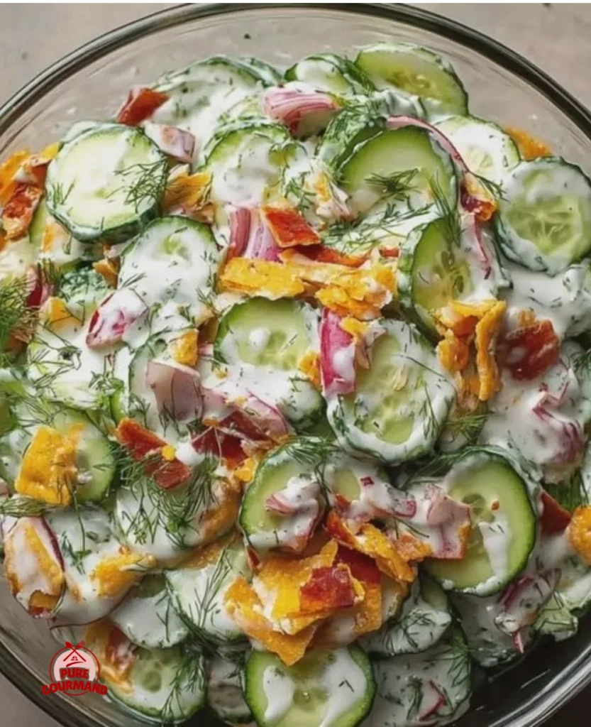 A refreshing Quick Cucumber Ranch Salad garnished with herbs in a bowl.