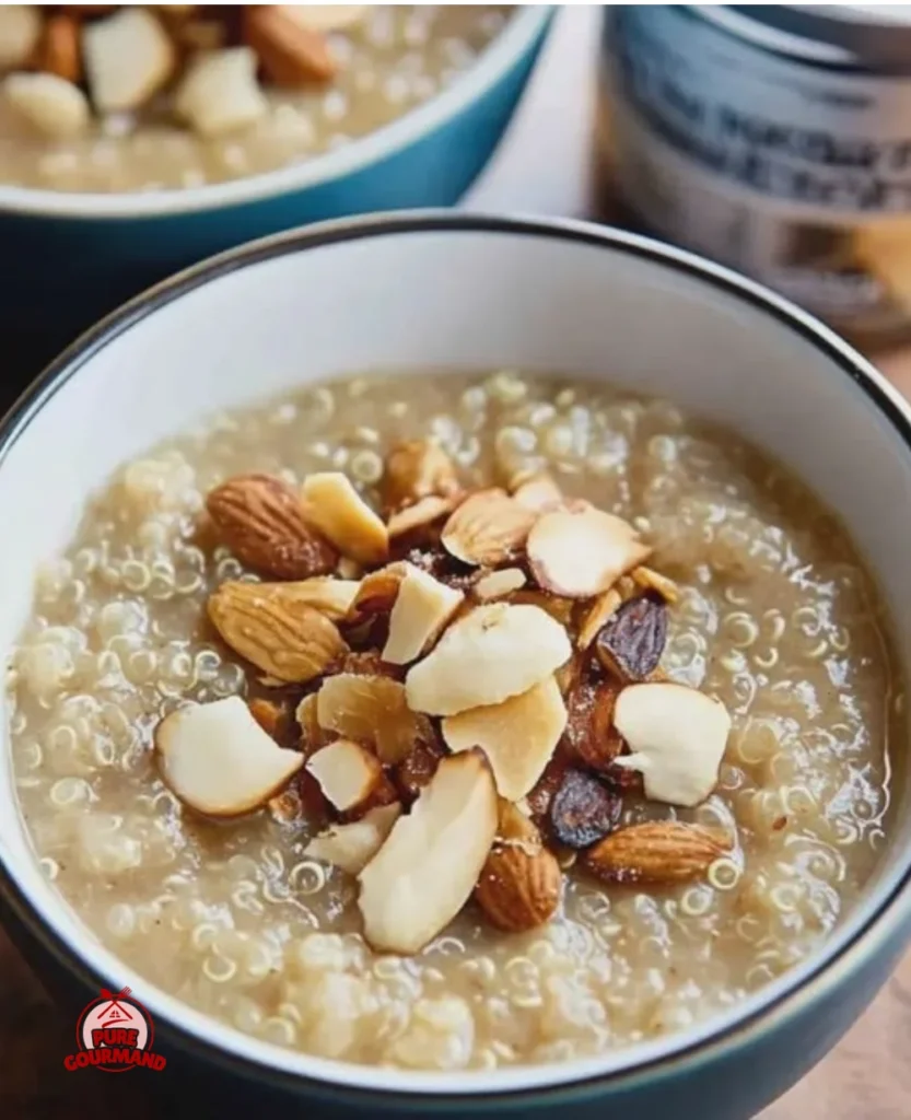Bowl of quinoa breakfast porridge topped with fresh fruits and nuts