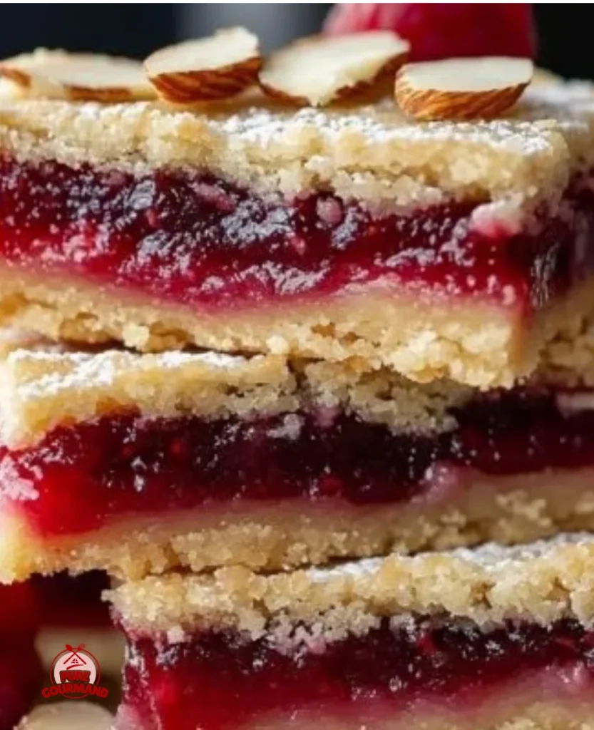 Delicious Raspberry Almond Shortbread Bars with fresh raspberries on a wooden table.