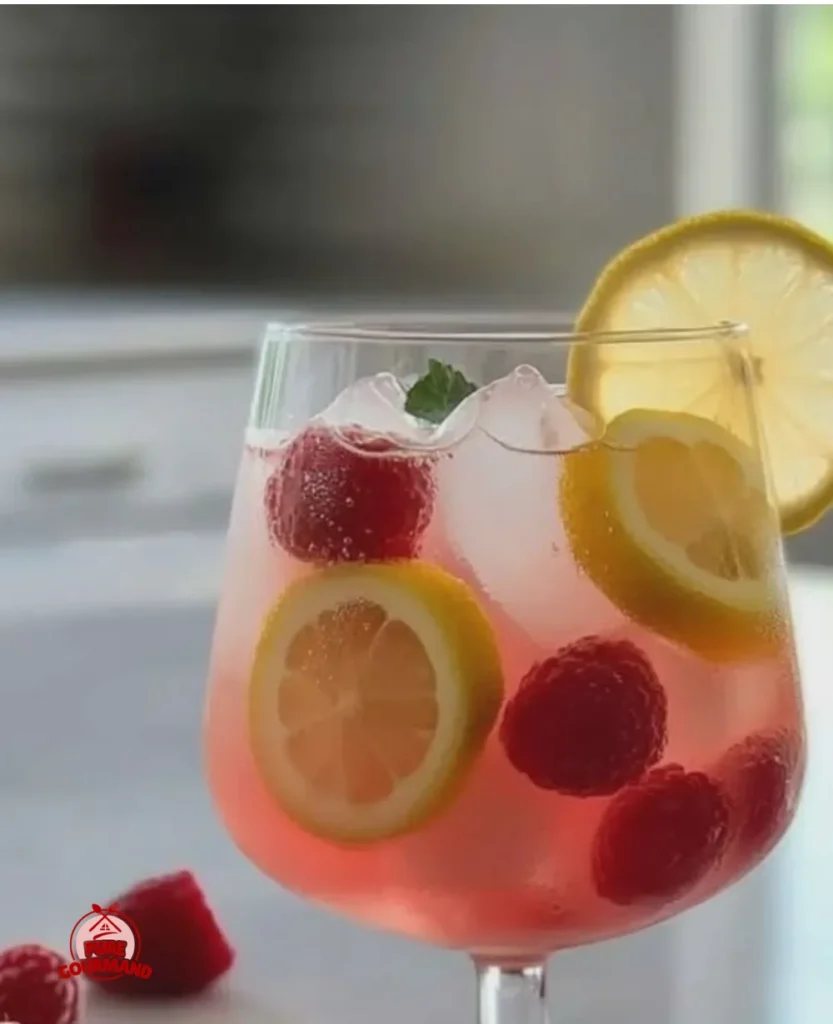 Glass of Raspberry Lemonade Sangria with fresh raspberries and lemon slices