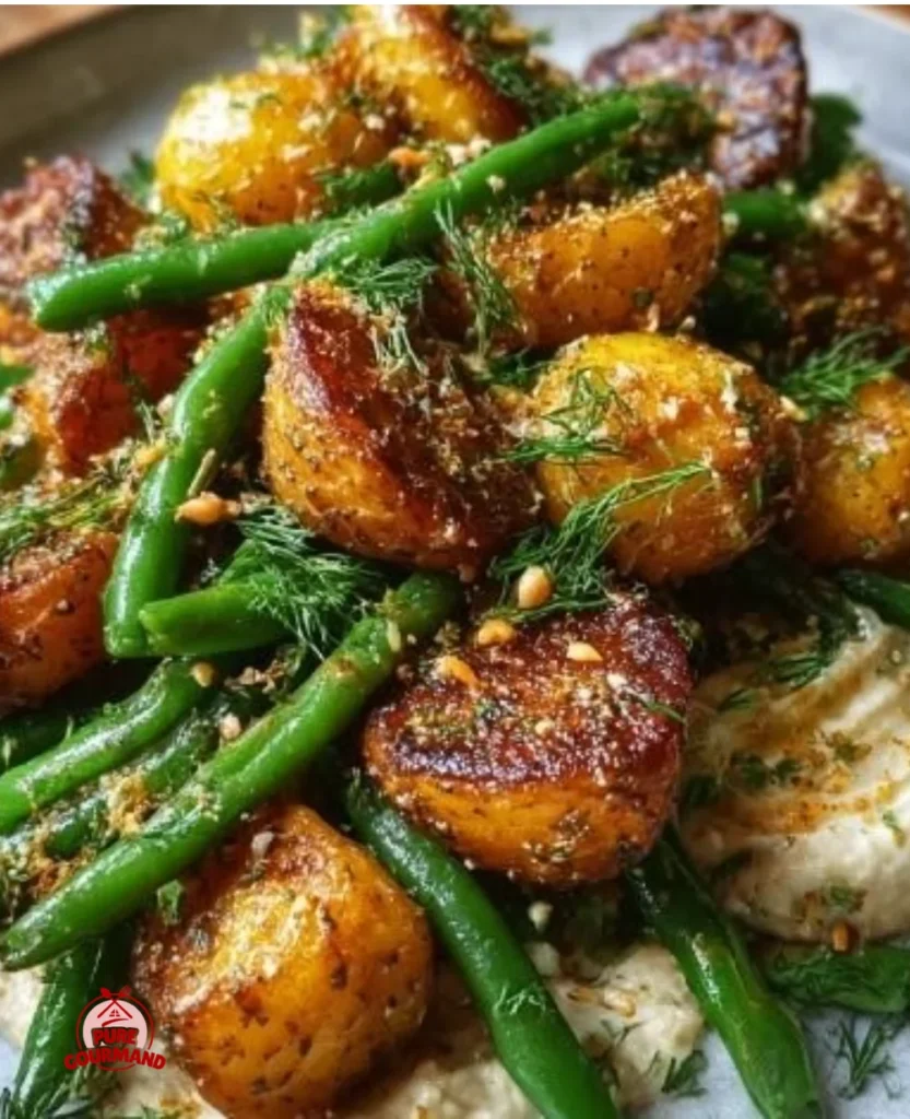 Roasted potatoes with green beans and whipped tahini-tofu sauce on a plate