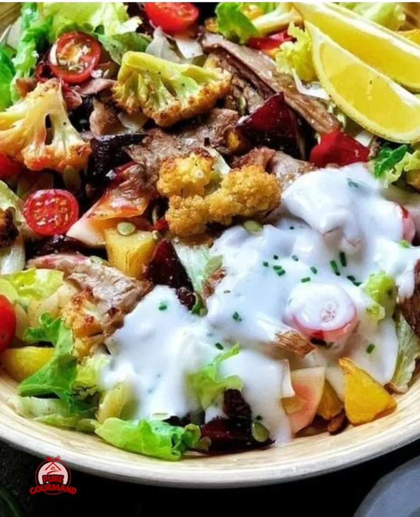 Roasted Vegetable Salad topped with Yogurt Dressing on a plate