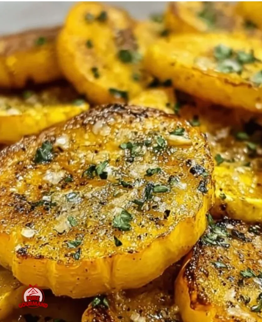 Plate of roasted yellow squash with garlic, showcasing vibrant color and flavor