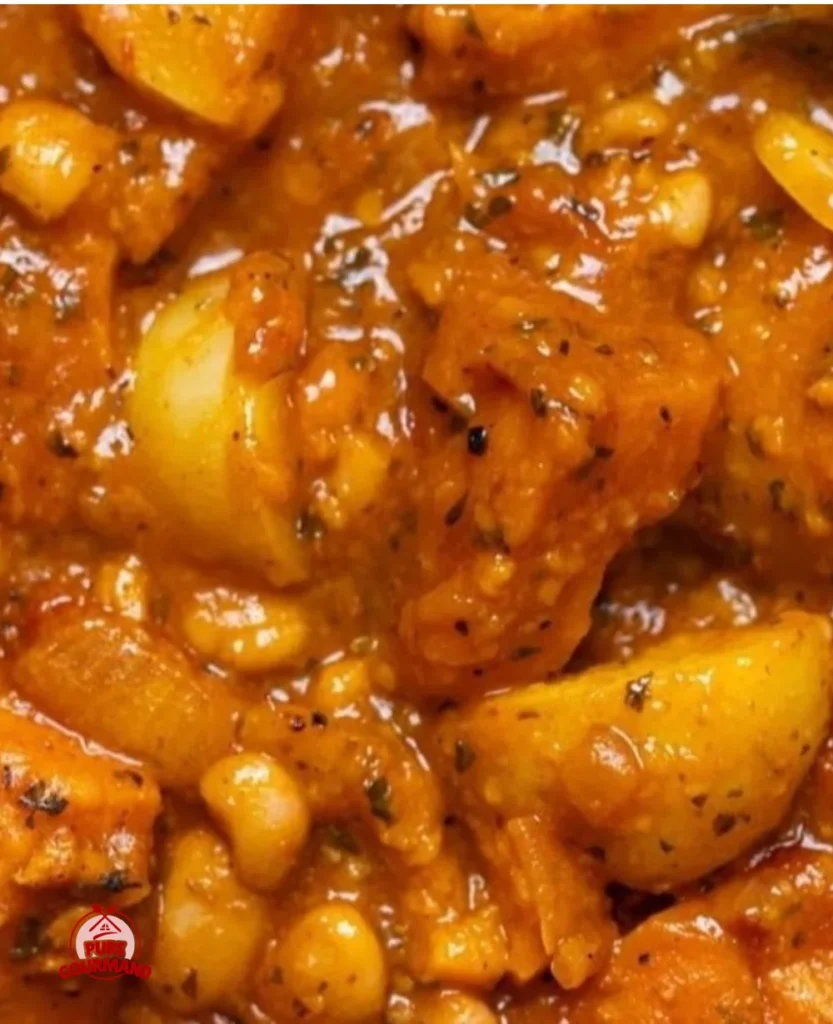 Bowl of robust vegan sweet potato stew garnished with herbs and spices