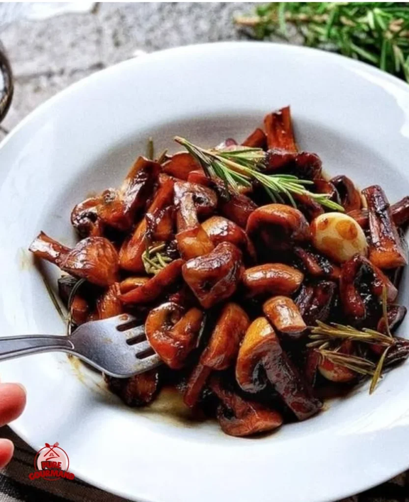 Delicious rosemary red wine braised mushrooms served in a dish