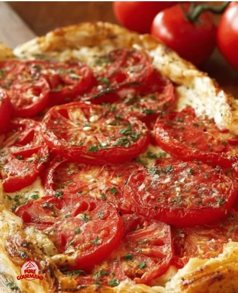 Delicious rustic tomato and cheese tart served on a wooden table