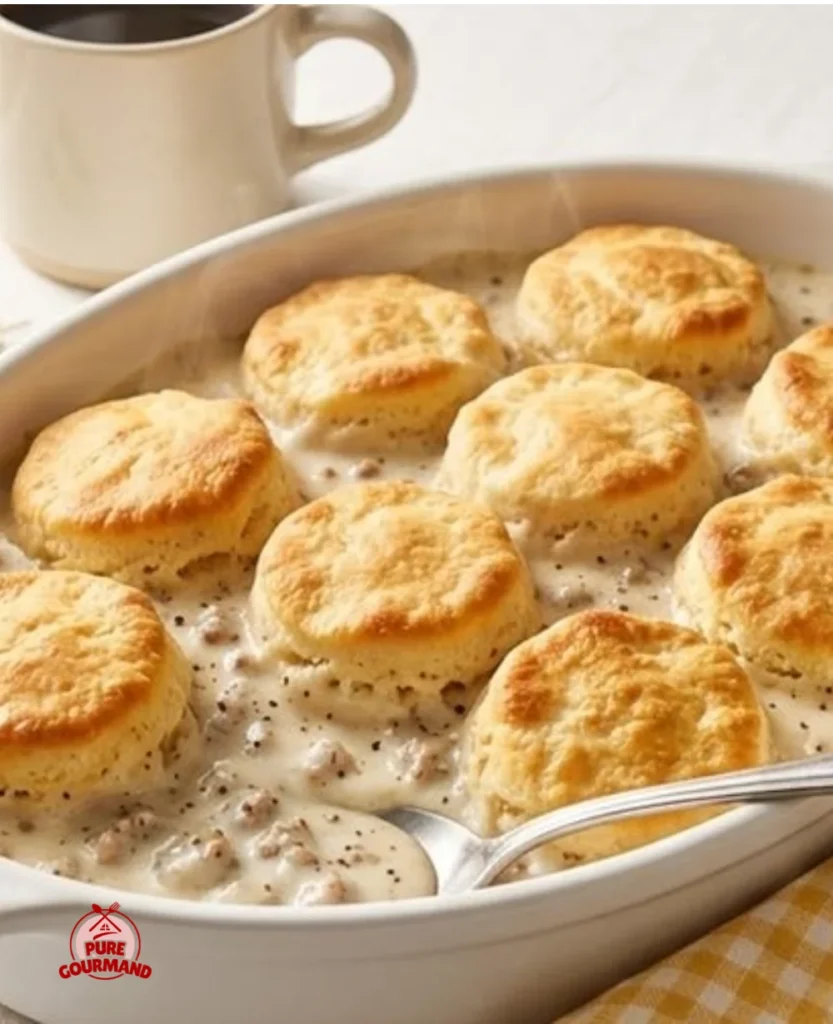 Savory sausage gravy biscuit casserole served in a baking dish