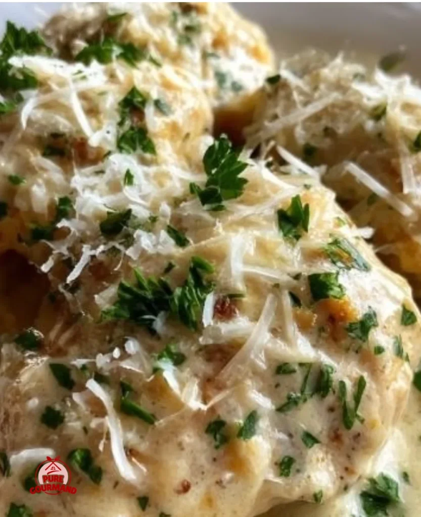 Creamy Parmesan Chicken served on a plate with herbs
