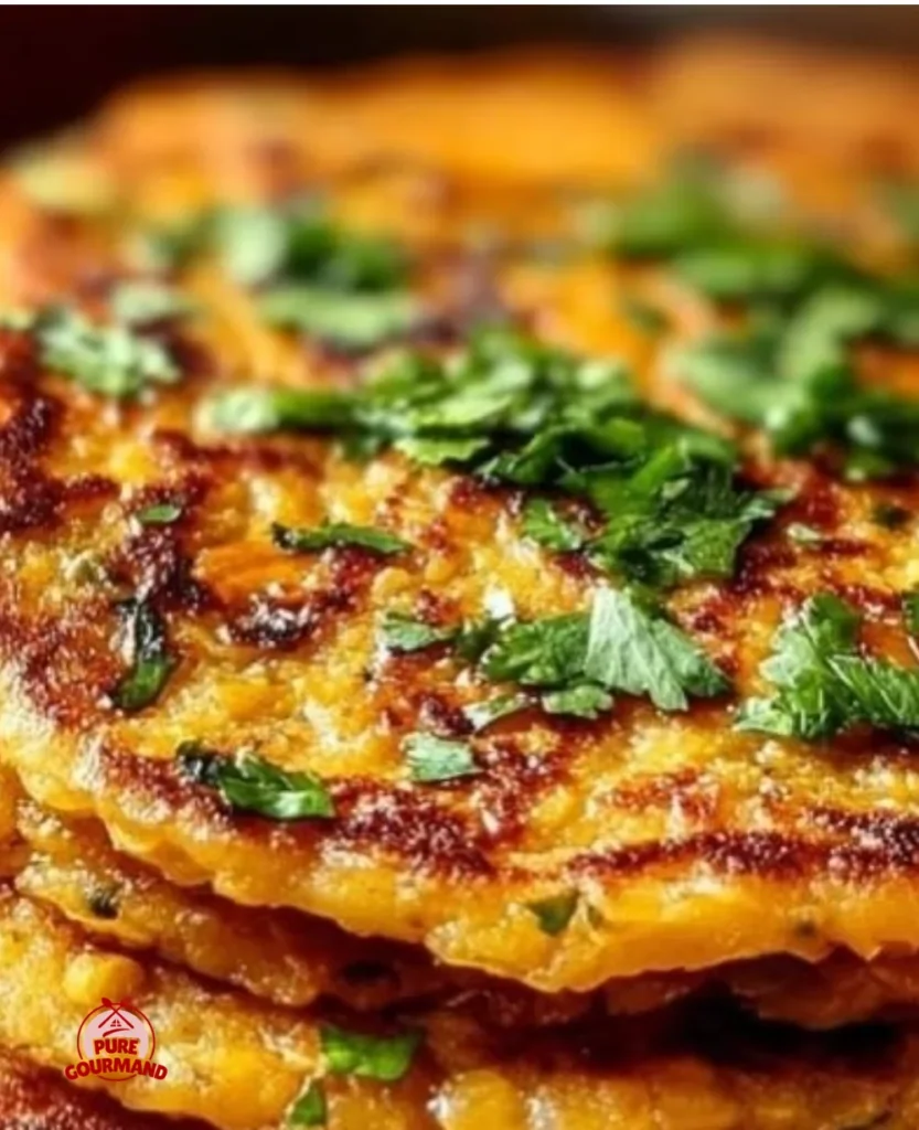 Savory red lentil pancakes served on a plate with fresh herbs