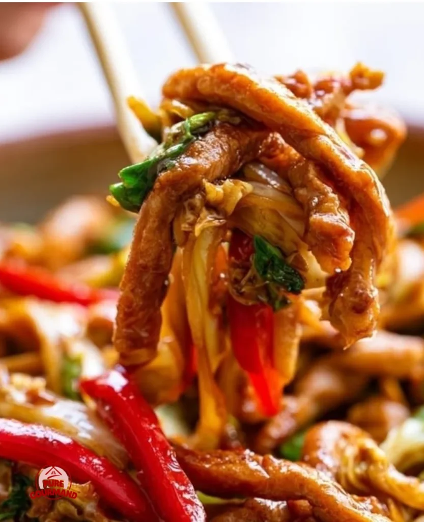 Shredded pork stir-fry with sweet bean sauce served on a plate