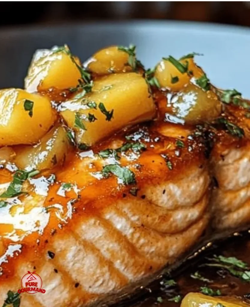 Bourbon Peach Glazed Salmon on a plate garnished with herbs