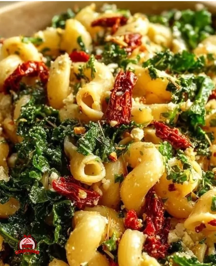 Simple Mediterranean Pasta and Kale Salad with fresh vegetables and herbs