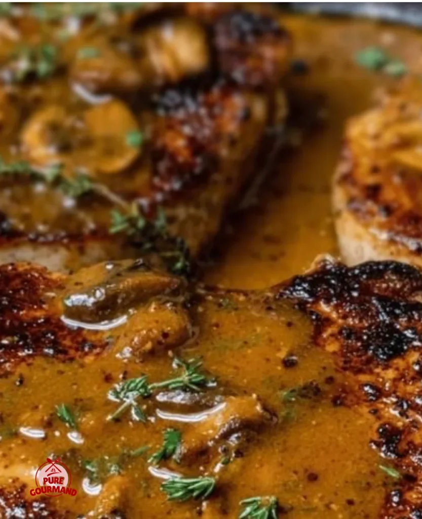 Delicious skillet pork chops with pan gravy served on a plate