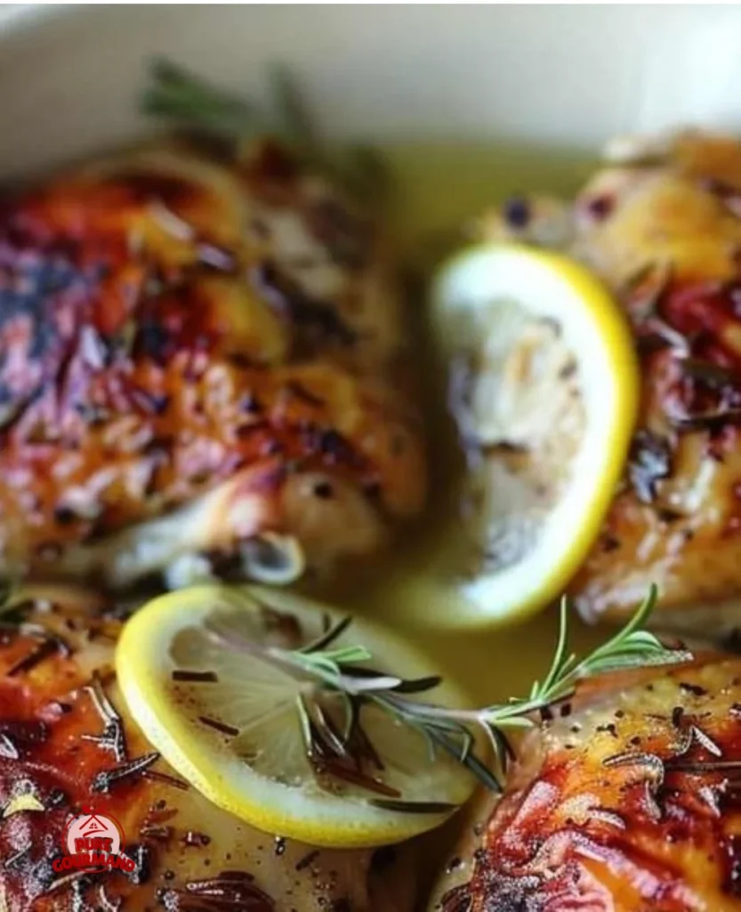 Slow cooked rosemary chicken dish with herbs and spices on a plate.