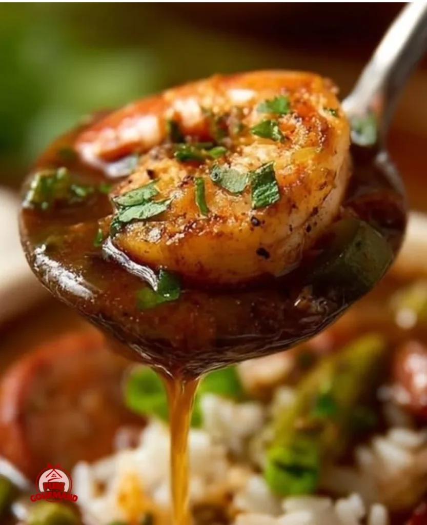 Bowl of slow cooker chicken and sausage gumbo, a comforting one-pot dish.