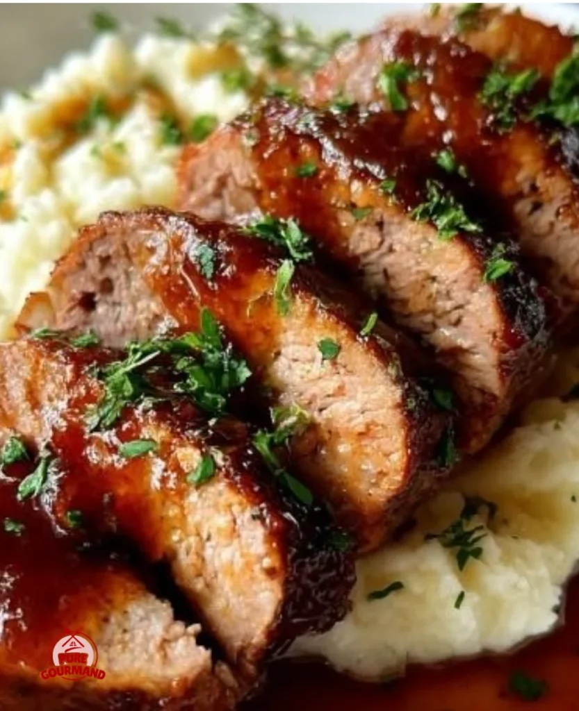 Slow cooker pork tenderloin glazed with apple butter served on a plate
