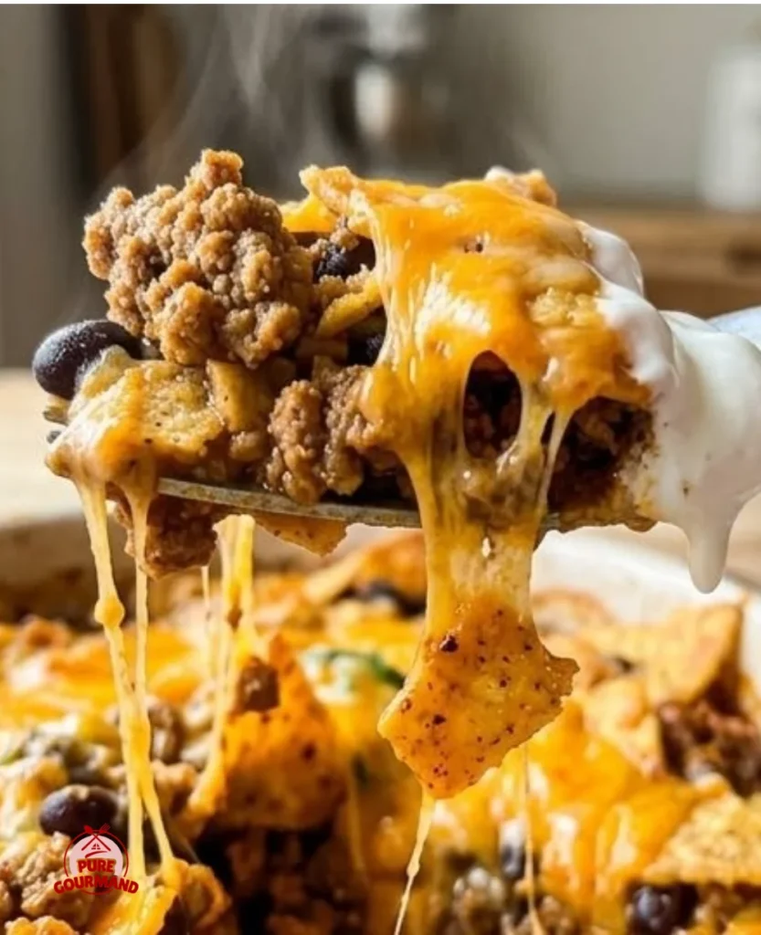 Slow Cooker Taco Casserole in a bowl, topped with cheese and garnished with cilantro.