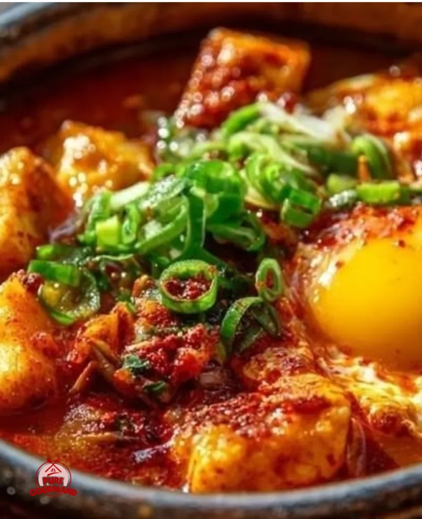 Bowl of Soondubu Jjigae, a delicious Korean soft tofu stew with vegetables and spices.