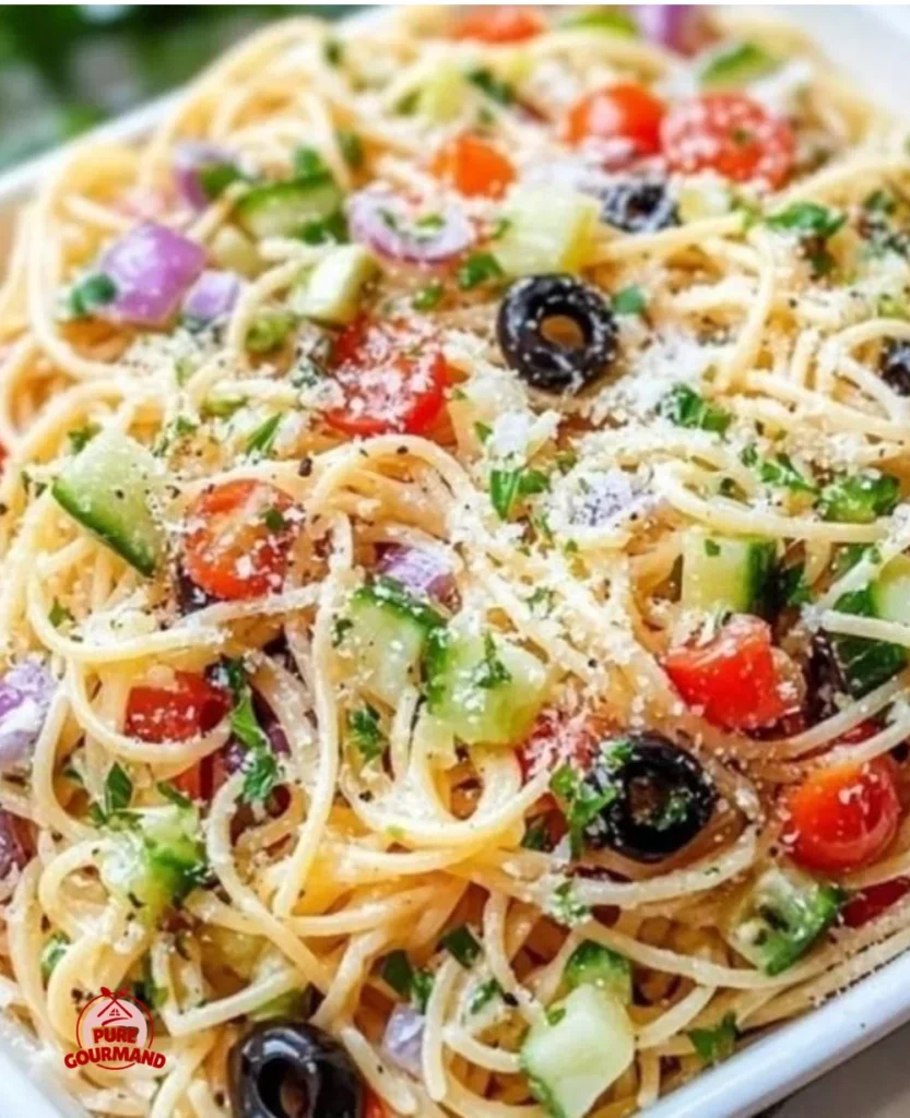 Delicious spaghetti salad mixed with Italian dressing and fresh vegetables