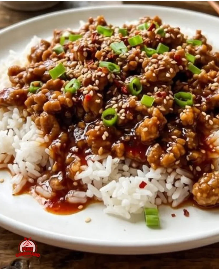 Delicious spicy glazed beef served on a plate, showcasing a honey-soy glaze