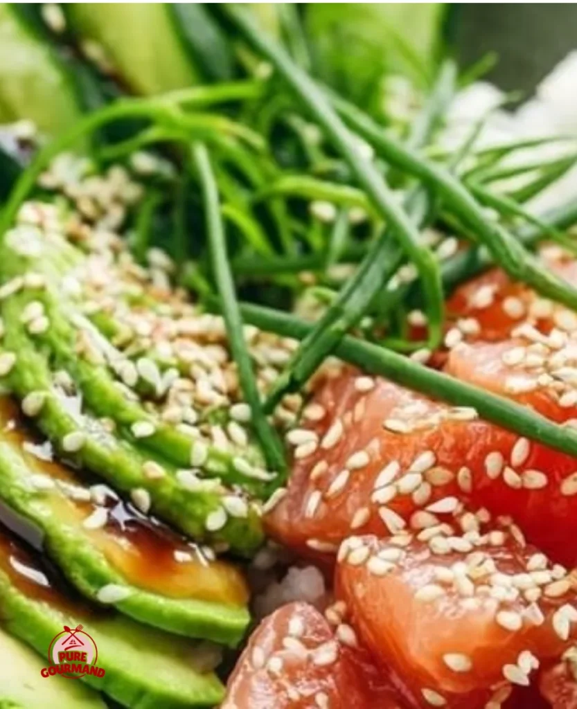 Delicious spicy salmon poke bowl with avocado and fresh toppings