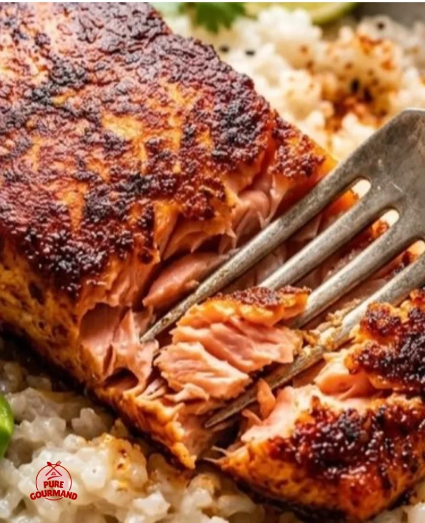 A colorful bowl of spicy salmon with coconut rice and fresh vegetables