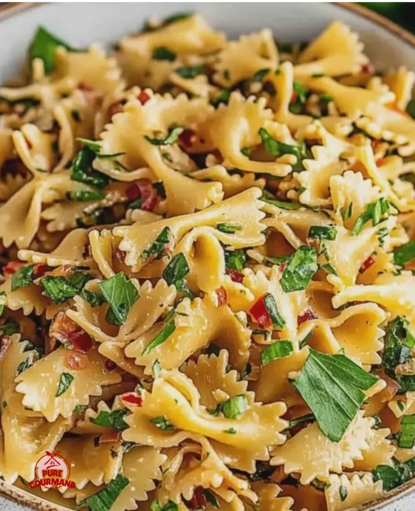 Bowl of vibrant Spicy Thai Pasta Salad with fresh vegetables and herbs