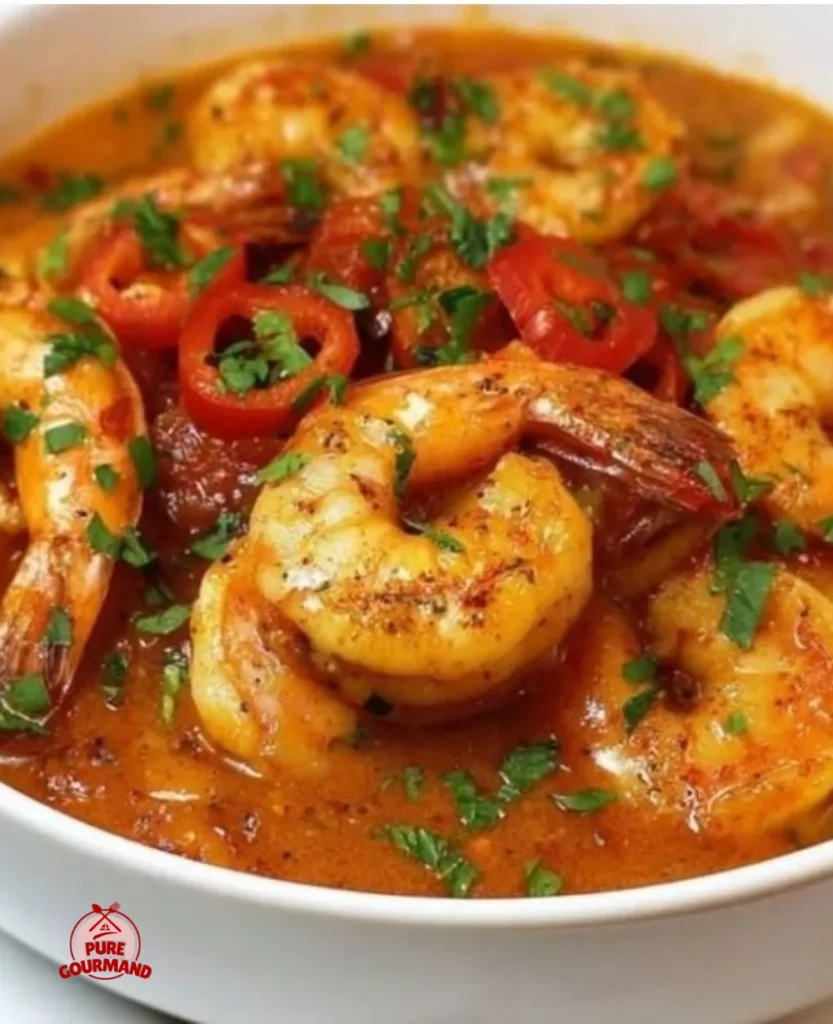 Plate of spicy voodoo shrimp garnished with herbs and spices.