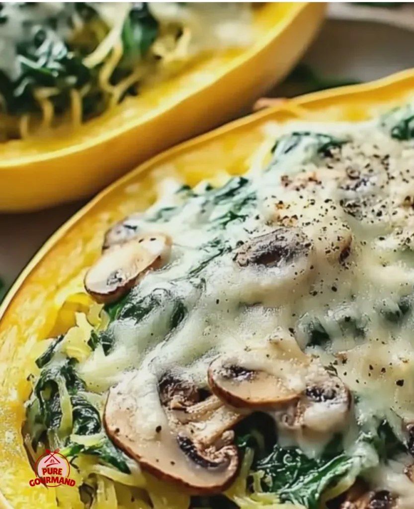 Spinach mushroom stuffed spaghetti squash served on a plate