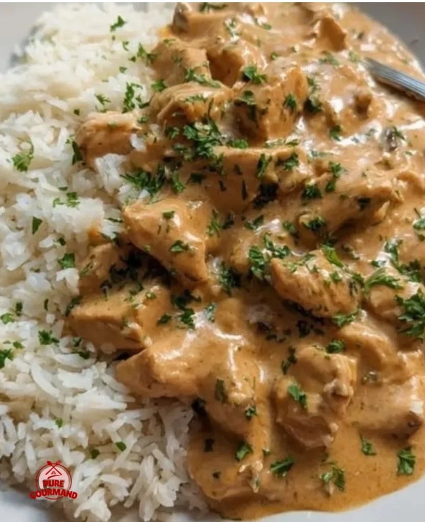 Delicious chicken stroganoff served with noodles and fresh herbs