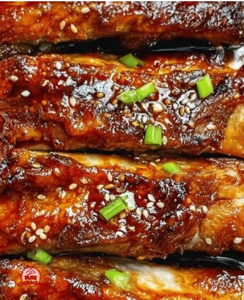 Delicious sticky Asian pork ribs served on a plate with garnish.