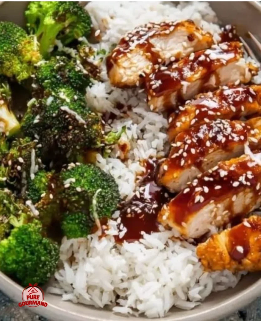 Delicious sticky chicken rice bowls garnished with fresh herbs